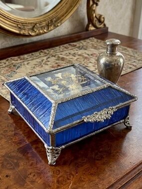 Vintage Blue Stained Glass Jewelry Trinket Box with Floral Motif
Like new